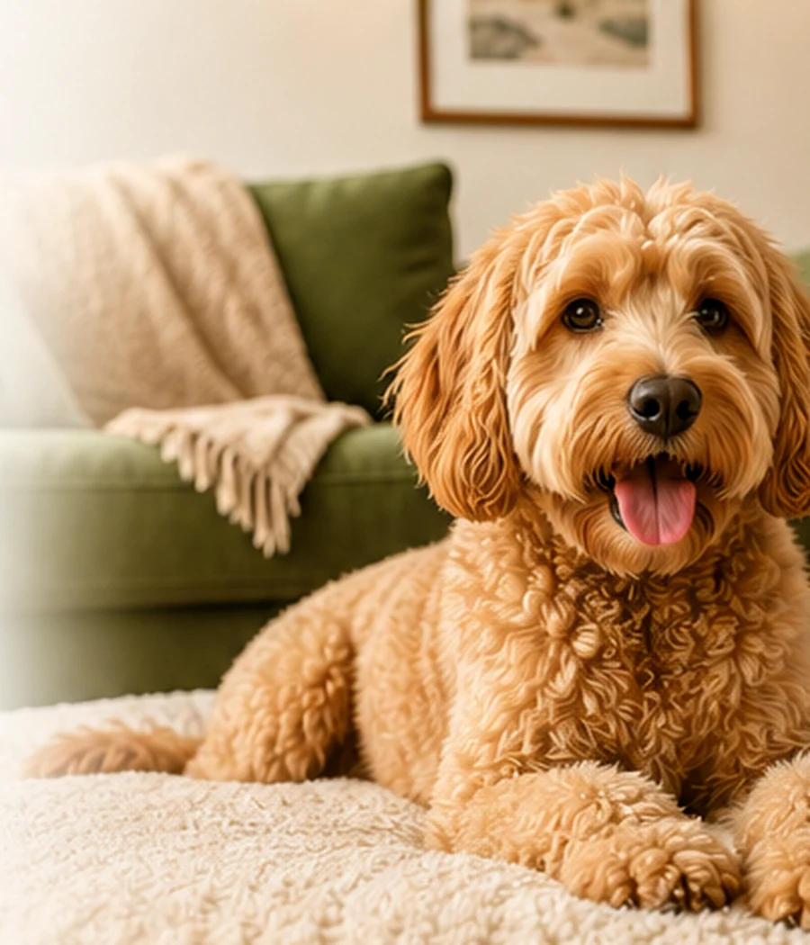 Happy dog resting comfortably in a home boarding environment